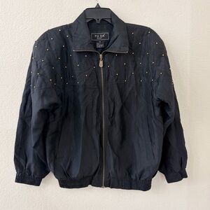 Vintage Fuda Sport 100% Silk Black Jacket Size Small Gold Beads Shoulder Pads
